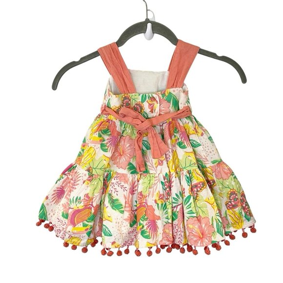 Tommy Bahama Dress Baby Girls 12M Tropical Floral Bug Pom Pom Trim Linen - Picture 2 of 7